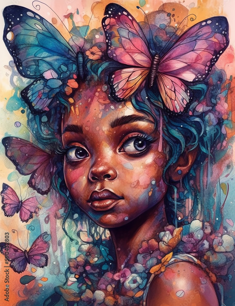 Fairy little cute black girl with Butterfly. Generative AI