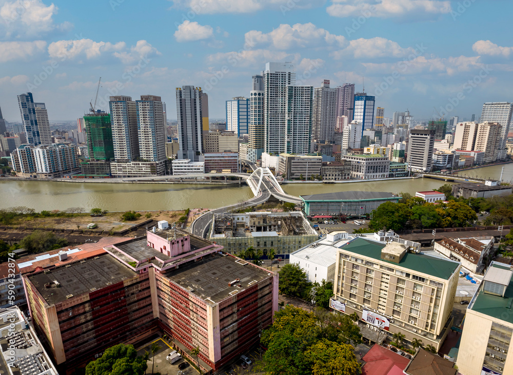 Manila, Philippines - Aerial of the Binondo skyline and the Pasig river