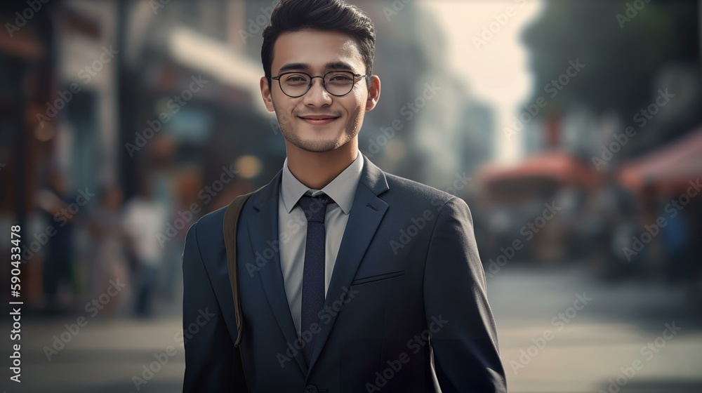 都会のビジネス街を歩くメガネをかけたアジア系ビジネスマンの男性(笑顔・Generative AI)
都会のビジネス街を歩くメガネをかけたアジア系ビジネスマンの男性(笑顔・Generative AI)