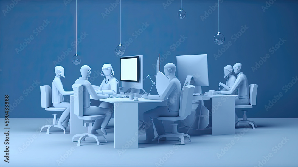 Blue monochromatic 3D illustration of a meeting in a modern office setting. Blue monochromatic 3D illustration of a meeting in a modern office setting.