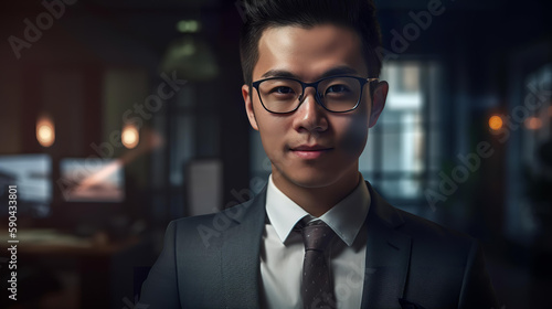 メガネをかけた真面目なアジア系ビジネスマン（笑顔） 