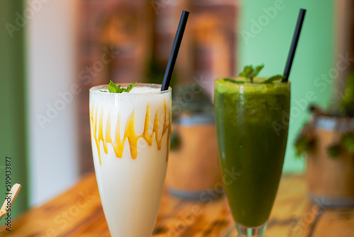 HOMEMADE MILKSHAKE AND MINT LEMONADE IN GLAS