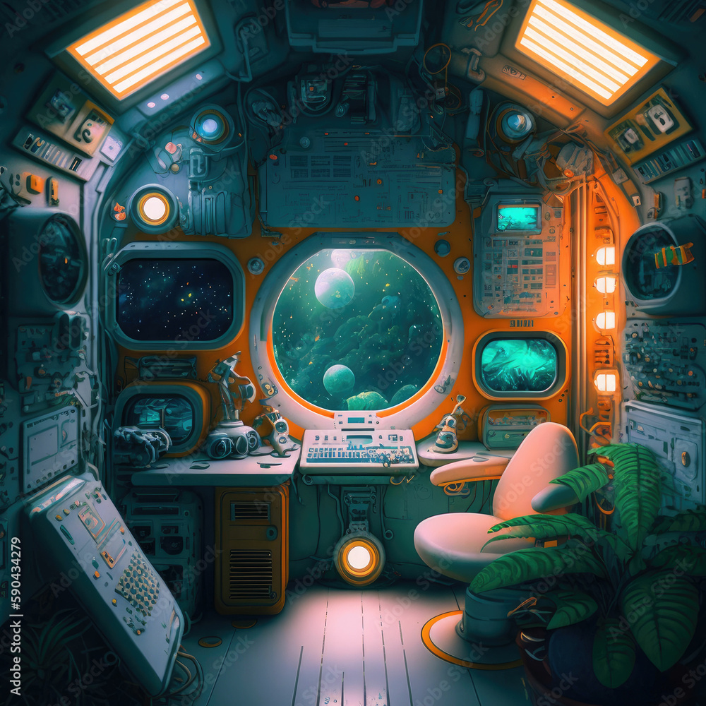 Fototapeta premium Futuristic spaceship cockpit interior. Future spacecraft control panels technology, space travel concept ,made with Generative AI