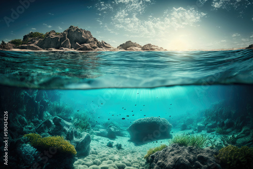 Underwater ocean, blue sunlight with coral ,made with Generative AI © DNY3D