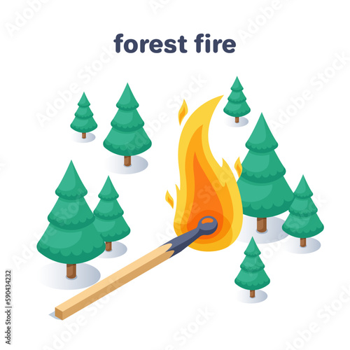 isometric vector illustration isolated on white background, fir trees and a burning match, forest fire