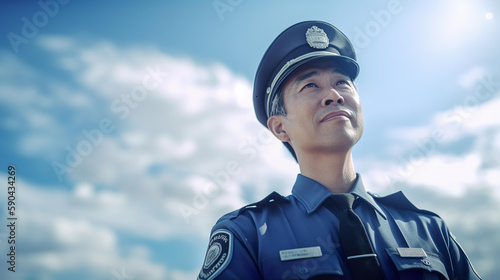 青空の中働く警察官・警備員・ポリスのアジア人男性（Generative AI）
 photo