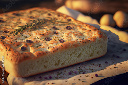 Italian focaccia bread with rosemary and garlic ,made with Generative AI
