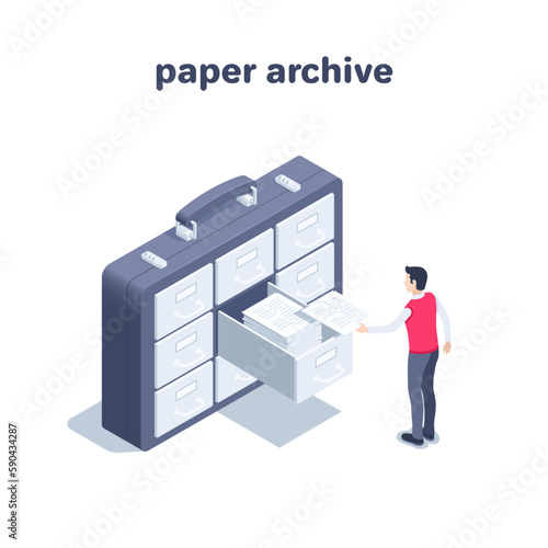 isometric vector illustration on a white background, a man in a red vest puts a document in an archive located in a business case, paper archive