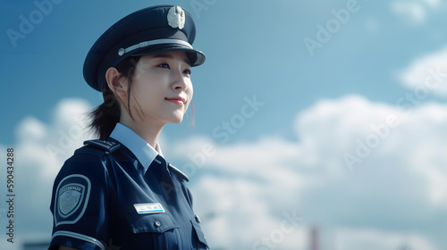 青空の中働く女性警察官・ポリス（Generative AI）
 photo