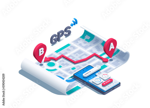 isometric vector illustration on a white background, city map and two location icons A and B and between them an arrow a next to a smartphone with a special application, geolocation or GPS