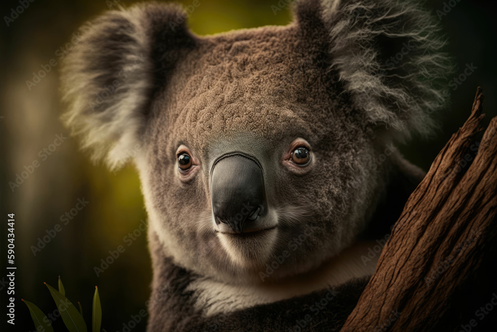 Obraz premium Koala joey sits on a tree branch in the forest ,made with Generative AI