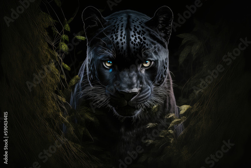 Black panther in the mist, morning misty big leopard cat ,made with Generative AI