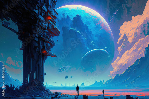Lone adventurer discovering alien world with big moons  made with Generative AI