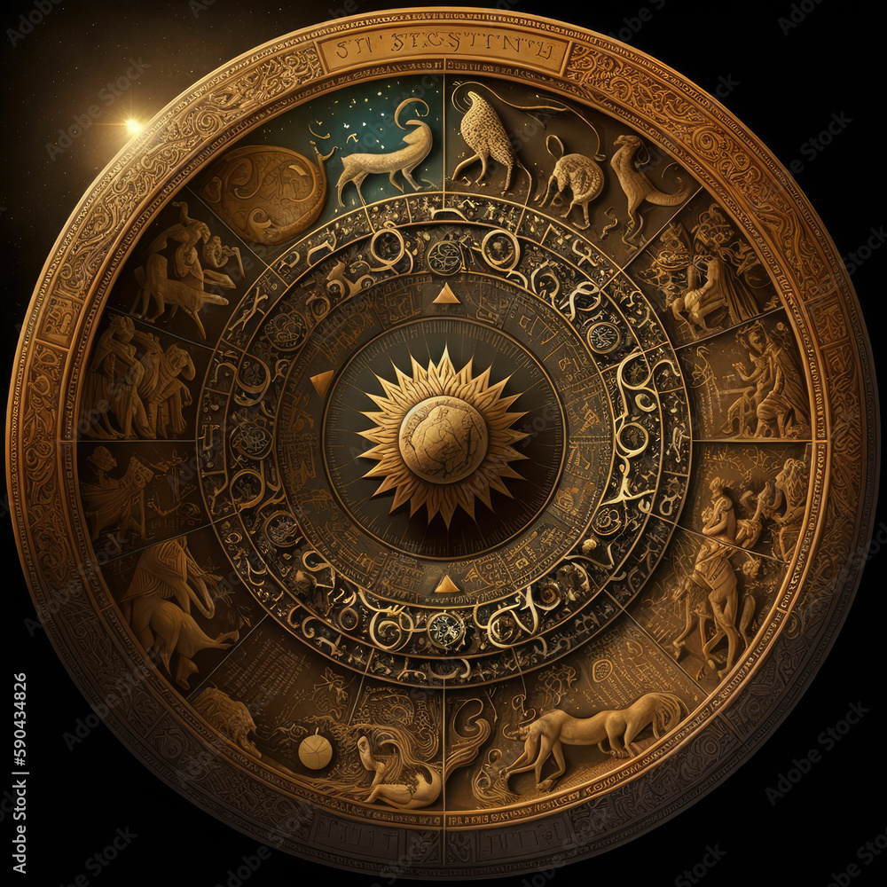 Zodiac fantasy, signs with stars and planets, gold on dark background, made with generative AI