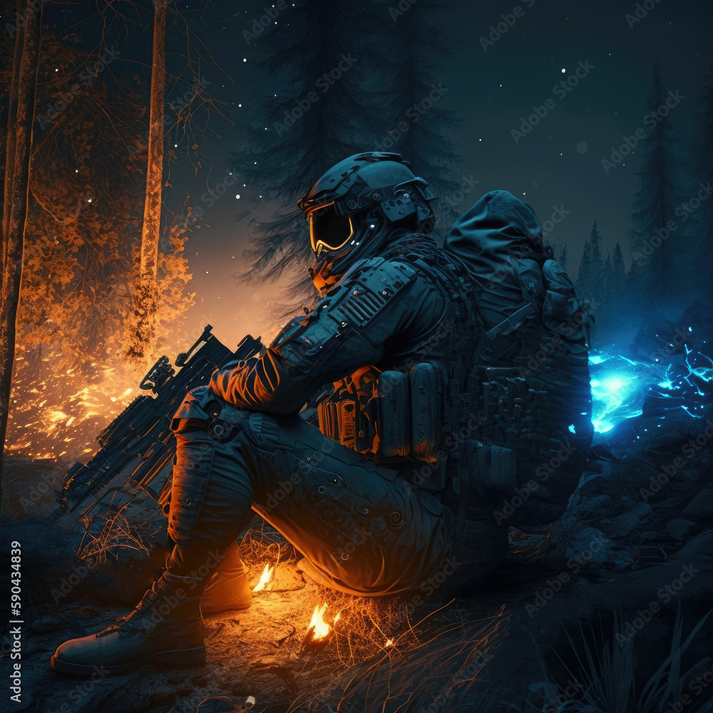 Fototapeta premium Brave special forces soldier at night with military equipment, not a real person, made with Generative AI