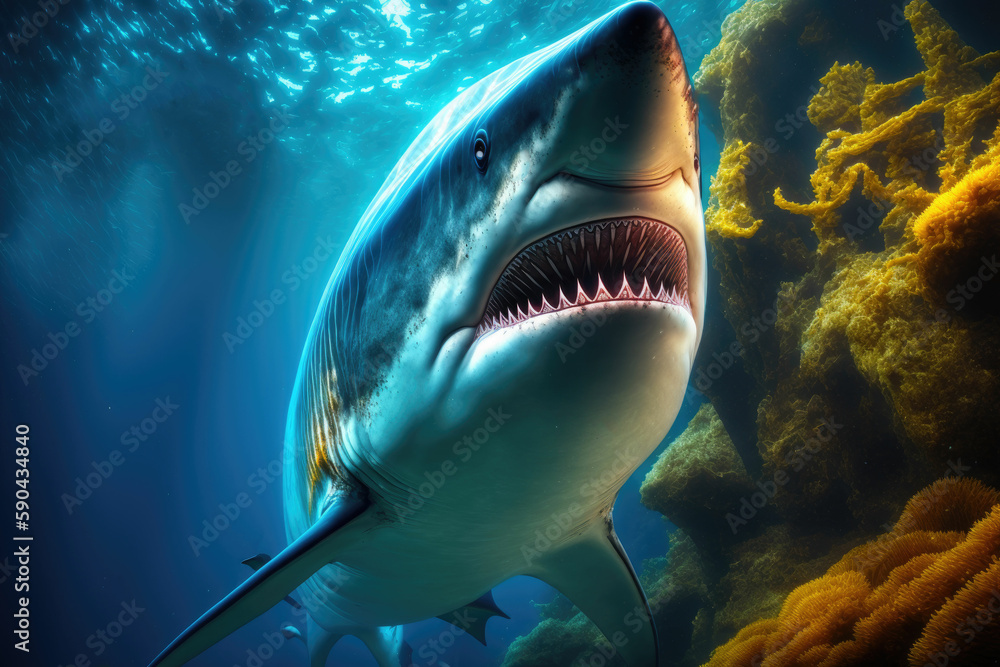 Great white shark hunting for a prey in the ocean ,made with Generative