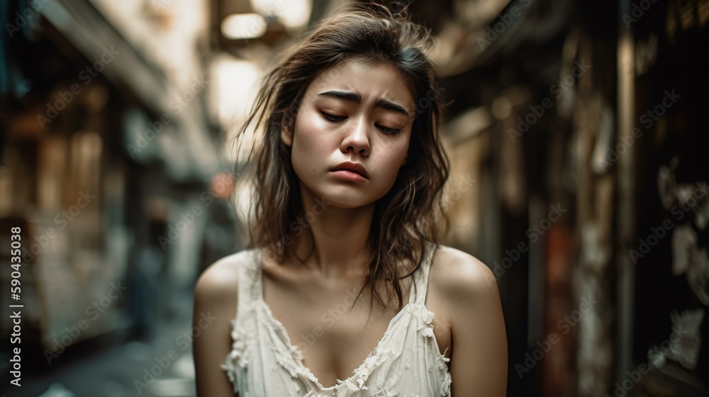 Fototapeta premium スラム街でレイプ・貧困に悩む悲しそうな表情の女性（失恋・絶望・悲しい・Generative AI） 