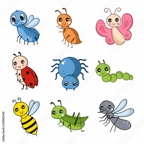Insects. Set of cartoon style illustrations. Elements for decor of nursery. Stickers with animals.