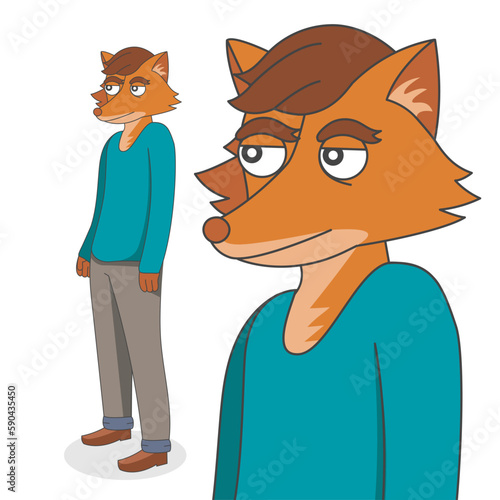 Vector cartoon character humanized fox in full growth. Character from separate layers for animation.