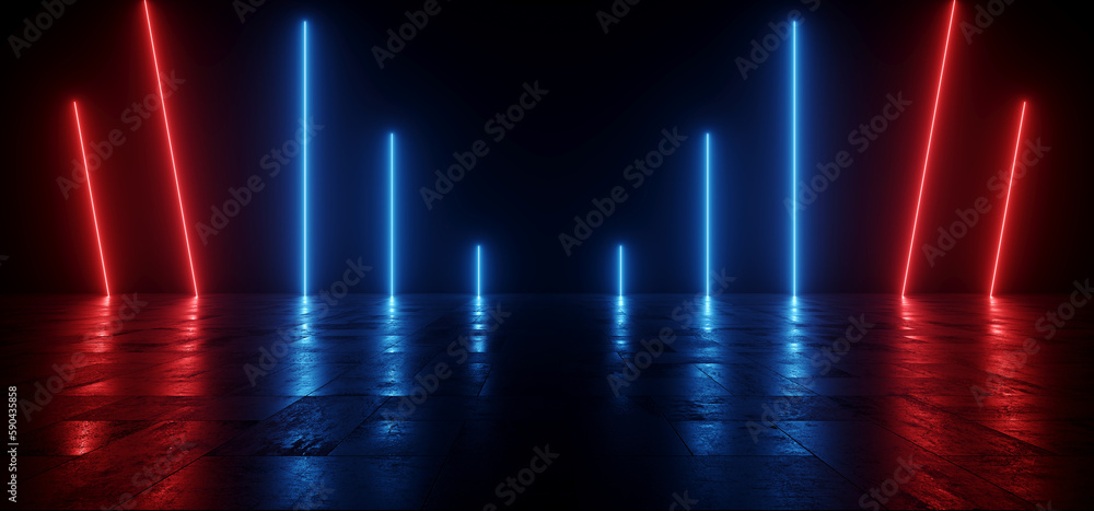 Sci Fi Cyber Futuristic Neon Glowing Red Blue Vibrant Electric Laser Lights On Tiled Stone Cement Asphalt Road Hangar Room Tunnel Underground Realistic Dark Showroom 3D Rendering Sci Fi Cyber Futuristic Neon Glowing Red Blue Vibrant Electric Laser Lights On Tiled Stone Cement Asphalt Road Hangar Room Tunnel Underground Realistic Dark Showroom 3D Rendering