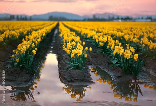 Rows of yellow daffodils and reflections in water in rainy weather. La Conner Skagit tulip festival. Washington. USA