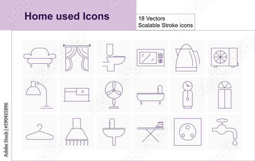 Furniture, icon set. Home interior, linear icons. Piece of furniture for the living room, bedroom, office, workplace, children's room, and kitchen. Line with editable stroke
