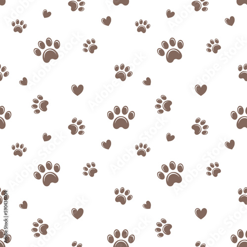 Brown dog paws and hearts seamless vector pattern