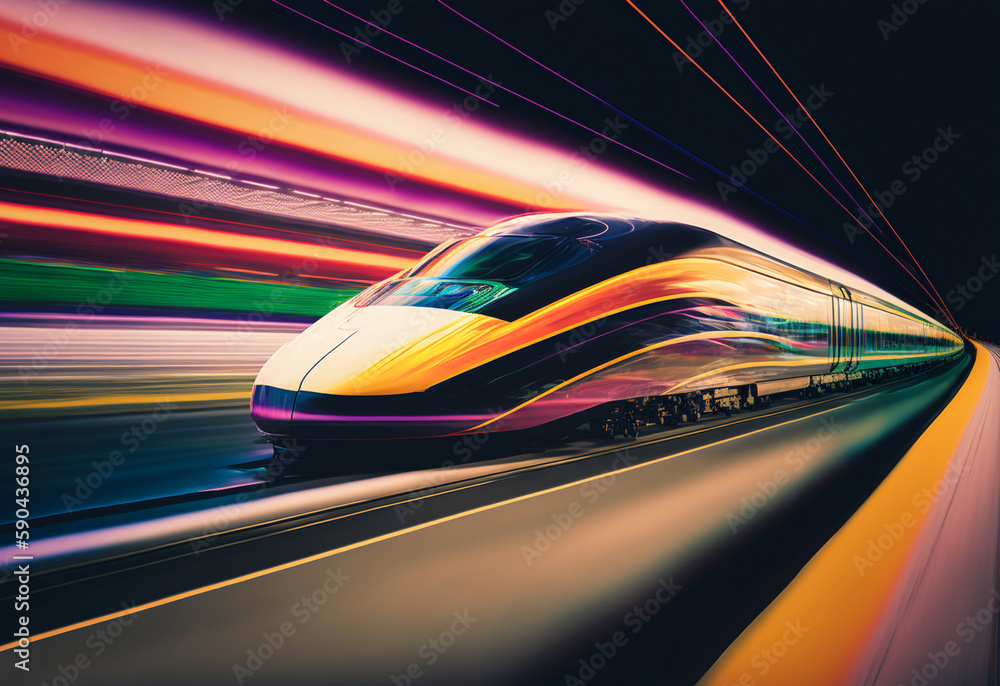 High-speed train in motion. Bright neon colors. Generative AI	
