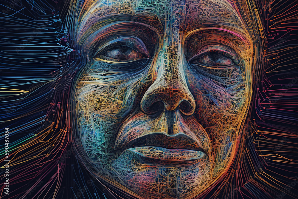 Face of a man made of colorful lines. 3D rendering. Generative ai Face of a man made of colorful lines. 3D rendering. Generative ai
