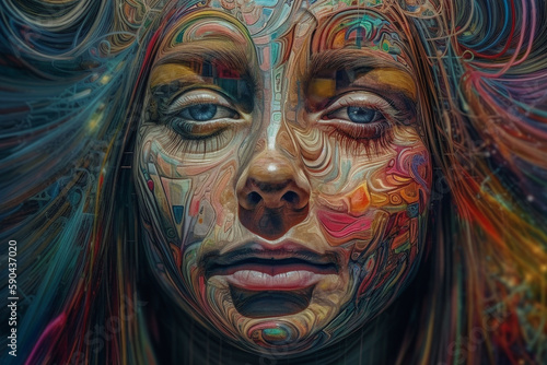 The neural network creates an image. Abstract painting of a woman's face with multicolored paint. Generative ai