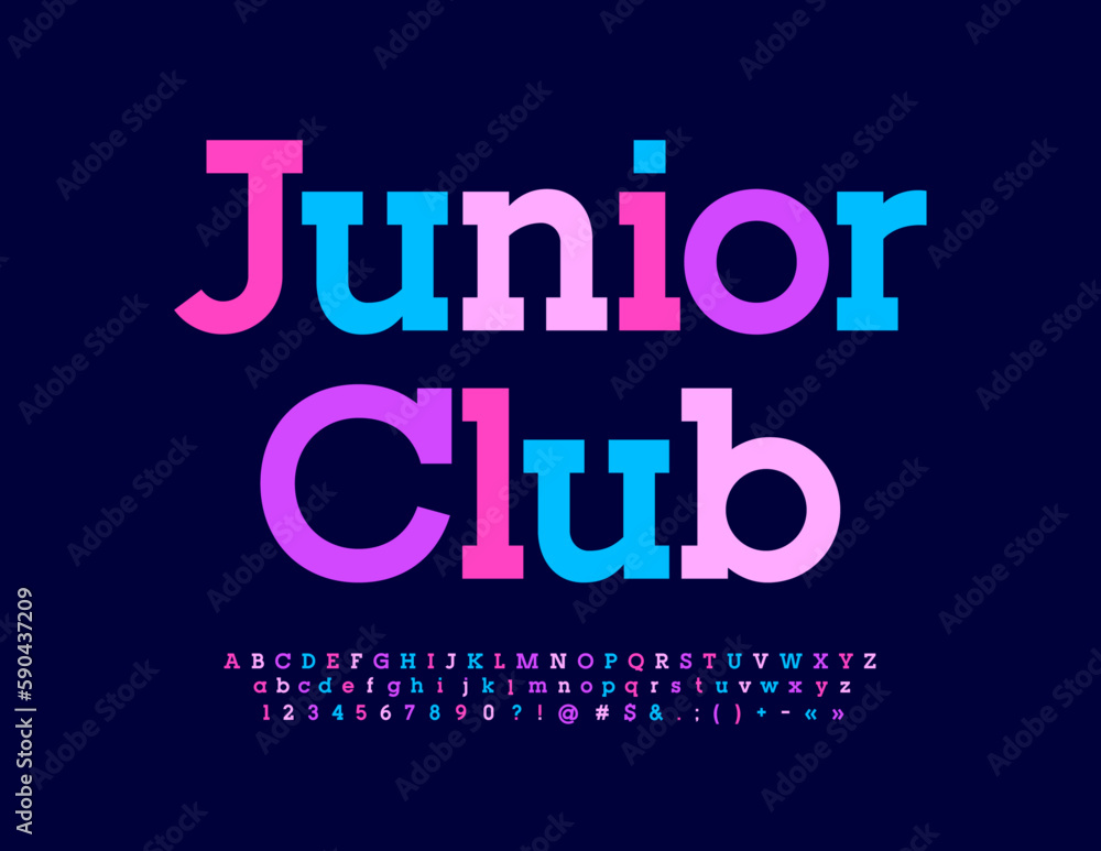 Vector bright emblem Junior Club. Trendy colorful Font. Childish style Alphabet Letters, Numbers and Symbols set