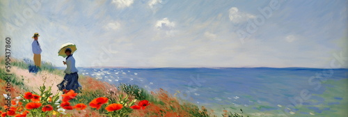 wild field  lavender and poppy flowers field on horizon woman walk,blue  sunny sky and sea on horizon ,nature landscape  impressionism paint oil fine  art  abstract  banne,generated ai © Aleksandr