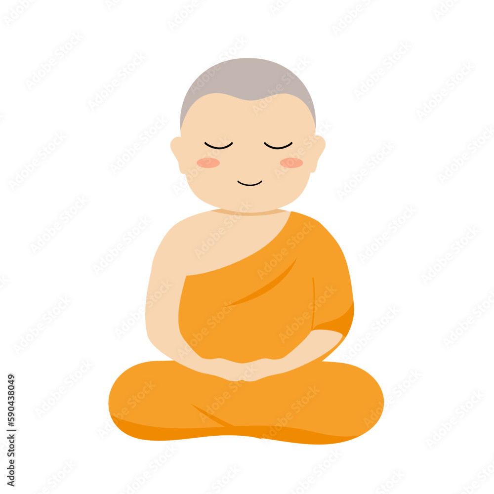 Cartoon Buddhist monk doing meditation in flat design on white background. Cartoon Buddhist monk doing meditation in flat design on white background.