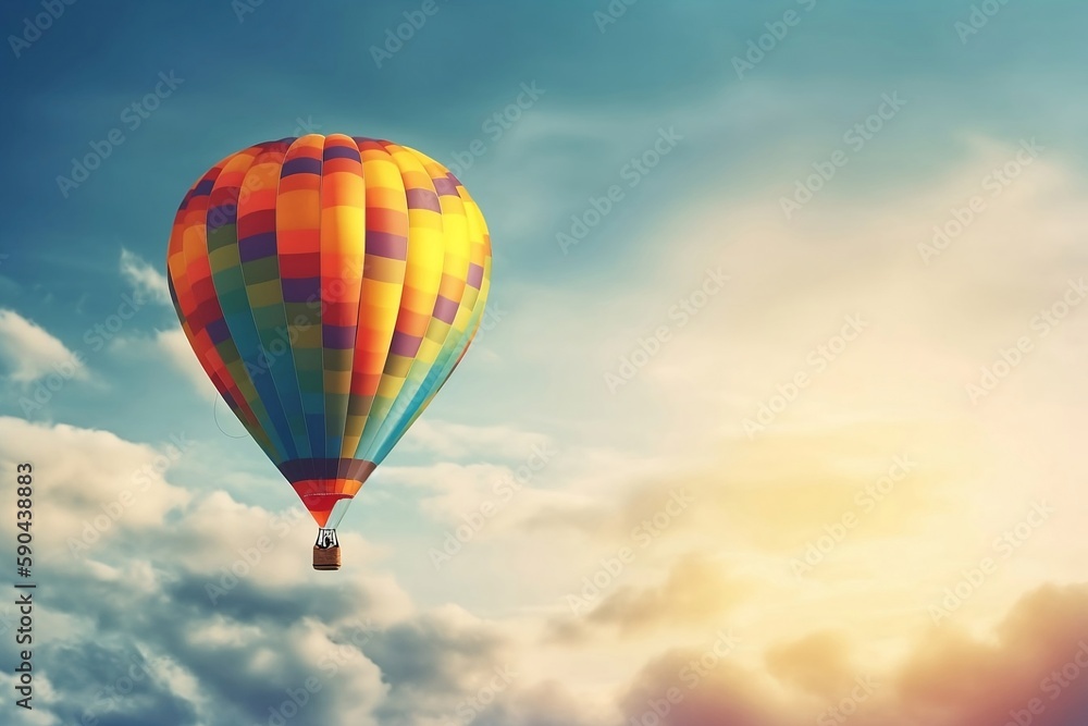 Fototapeta premium Colorful Hot Air Balloons in Blue Sky Horizon. Copy Space Background