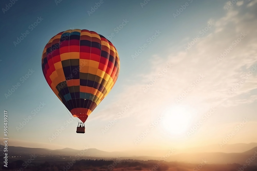 Fototapeta premium Colorful Hot Air Balloons in Blue Sky Horizon. Copy Space Background