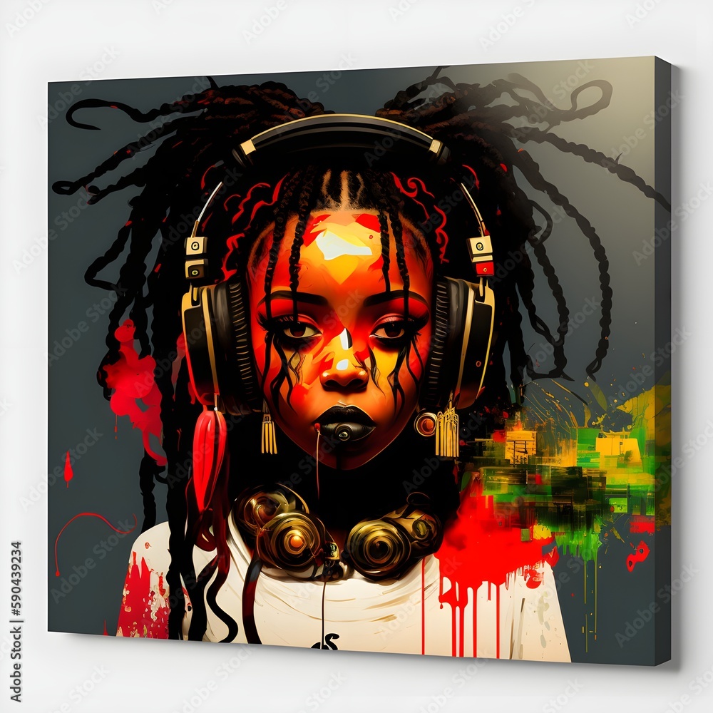 lightskin black girl DJ with headphones and a bomb box red dreadlocks
