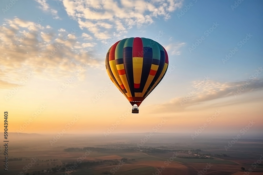 Naklejka premium Colorful Hot Air Balloons in Blue Sky Horizon. Copy Space Background
