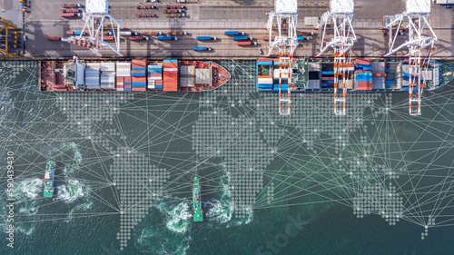 Container ship global business logistics import export freight shipping transportation, Container ship analysis, Big data visualization abstract graphic globe and chart information business.