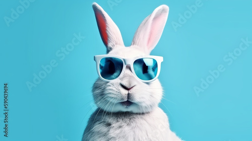 Abstract clip-art of White Rabbit wearing trendy sunglasses. Contemporary pastel blue background. Copy space. Easter minimalism. For Easter scrapbooking posters planners, web, landing page