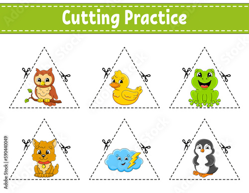 Cutting practice for kids. Education developing worksheet. Activity page. Vector illustration.