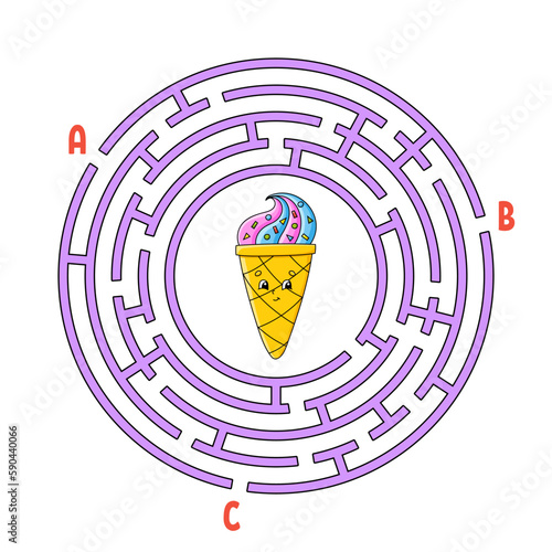 Circle maze. Game for kids. Puzzle for children. Round labyrinth conundrum. Find the right path. Birthday theme. Vector illustration.