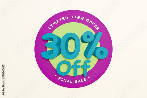 30% off, sale and retail marketing. Sale, promotion, thirty percent discount, shopping event and special offer sign. Retail, online store and shopping activity to safe money. 3D illustration