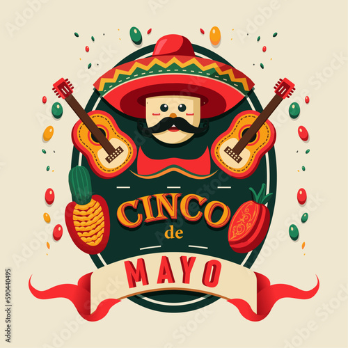 Cinco de Mayo - May 5, federal holiday in Mexico. Fiesta banner and poster design with flags, flowers, decorations photo