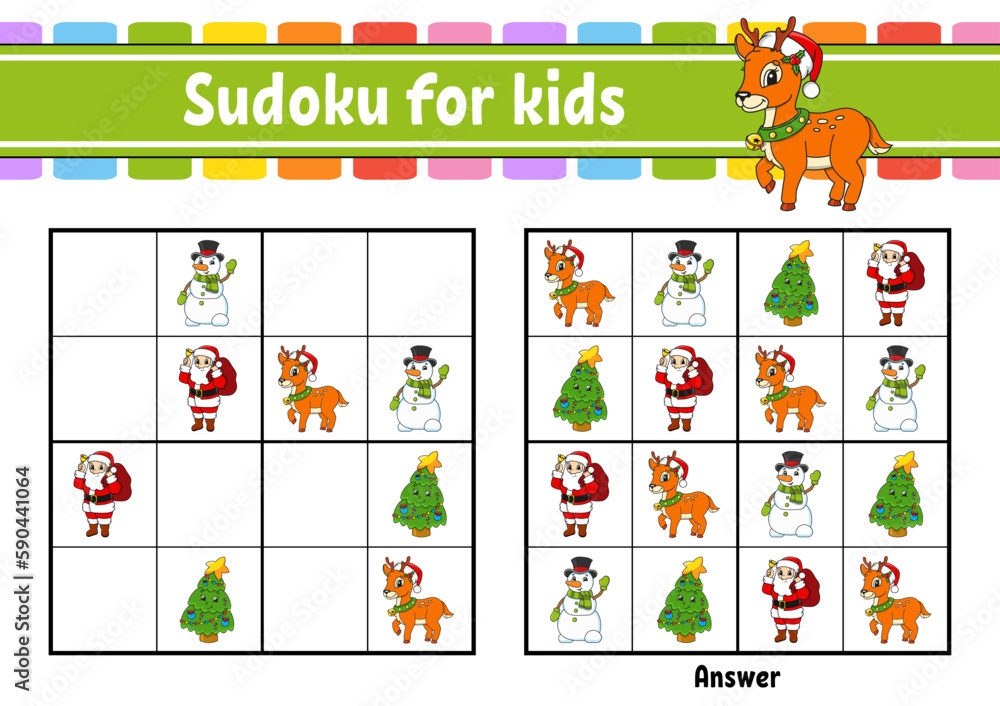 Obraz premium Sudoku for kids. Education developing worksheet. cartoon character. Color activity page. Puzzle game for children. Logical thinking training. Vector illustration.