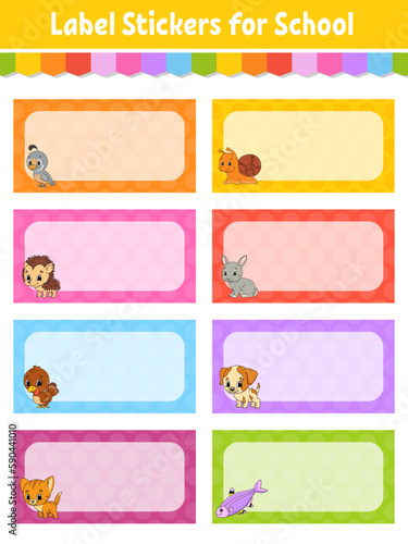 Bright stickers. School name label. Rectangular label. Color vector isolated illustration.