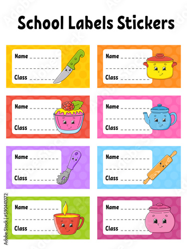 Name and class. Back to school labels. Set stickers for notebook. Bright stickers. Rectangular label. Vector illustration.
