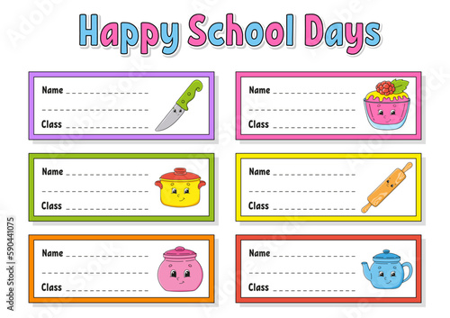 Name and class. Back to school labels. Set stickers for notebook. Bright stickers. Rectangular label. Vector illustration.