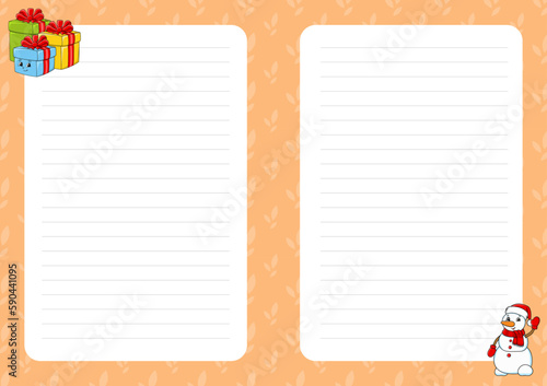 Colored sheet template for notes. Paper page for journal, notebook, diary, letters, schedule, organizer. Cute cartoon character. Lined sheet. Vector illustration.