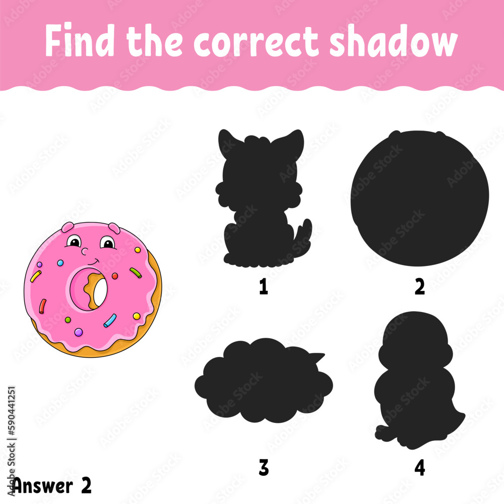 Fototapeta premium Find the correct shadow. Education developing worksheet. Matching game for kids. Activity page. Puzzle for children. cartoon character. Vector illustration.