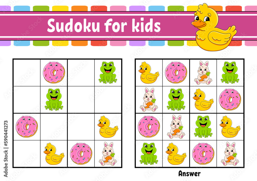 Obraz premium Sudoku for kids. Education developing worksheet. cartoon character. Color activity page. Puzzle game for children. Logical thinking training. Vector illustration.